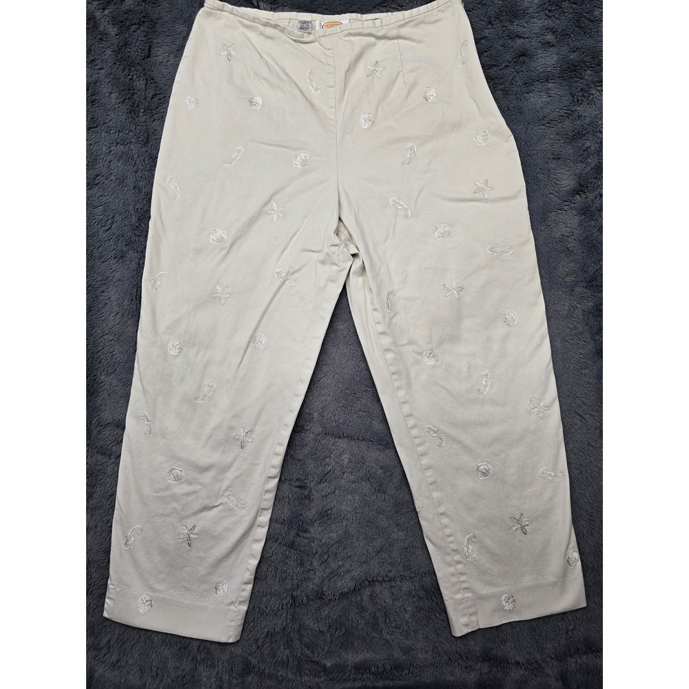 Talbots Womens 12 Beige Nautical Embroidered StarfishSeahorse Crop Pants Stretch